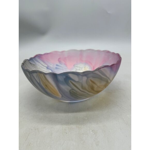 Rueven glass Hand-Painted Ruweven Art Glass Bowl scalloped pink 7x2.75" READ - Picture 5 of 7